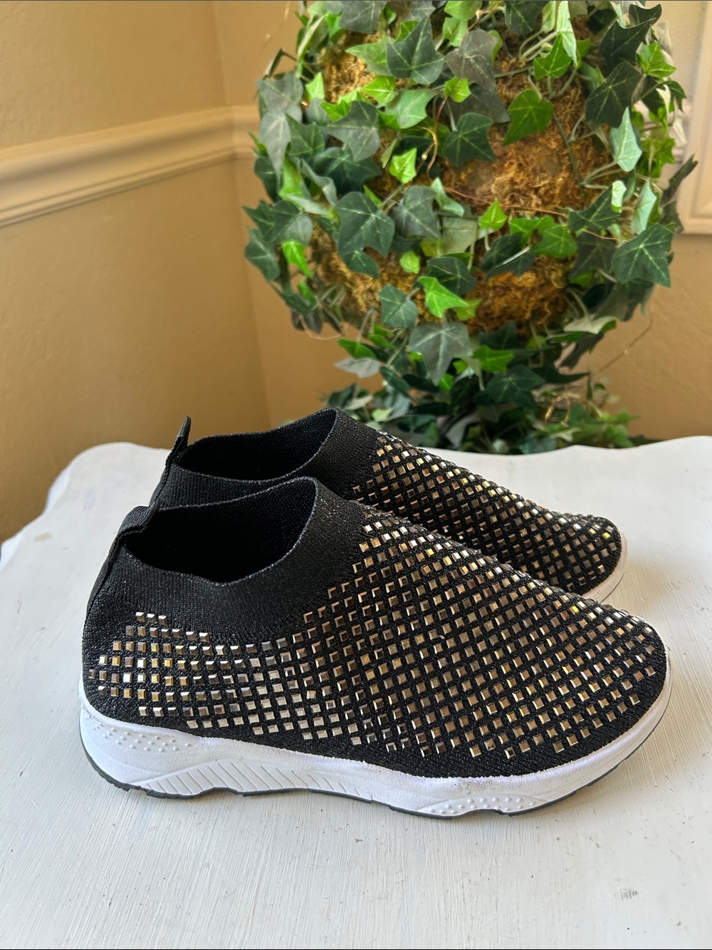 Atalina Black Slip-On Mesh Sneakers Featuring Sparkly Rhinestone with White Sole - Picture 6 of 11